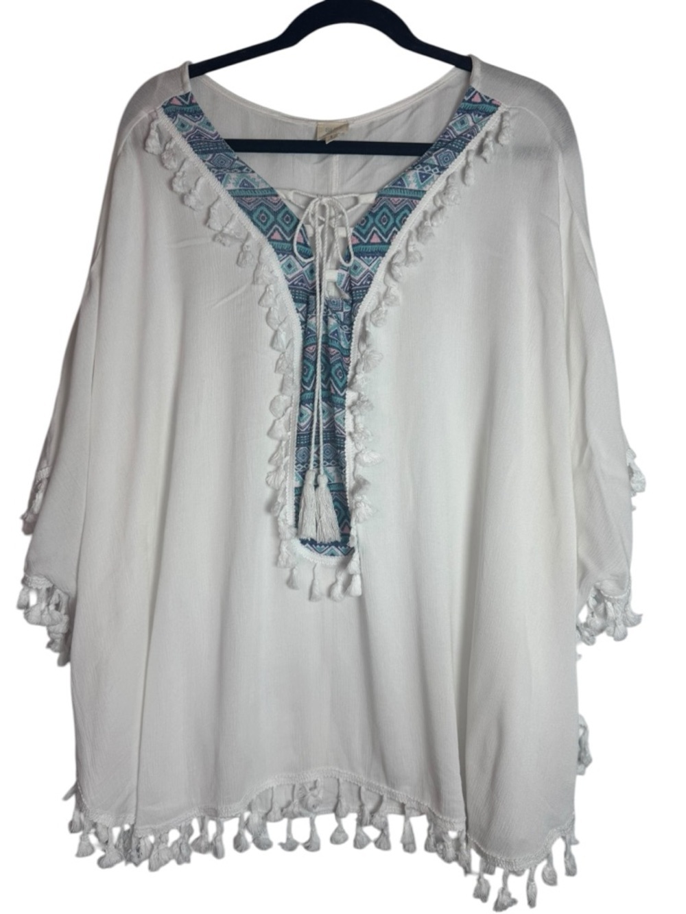 Surf Gypsy White Tassel-Trim Swim Small Coverup with Blue-Green Front Accents
